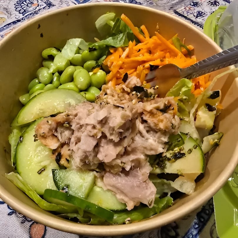 Up Leaf Café's Asian tuna salad with edamame, shredded carrots, and cucumber slices.